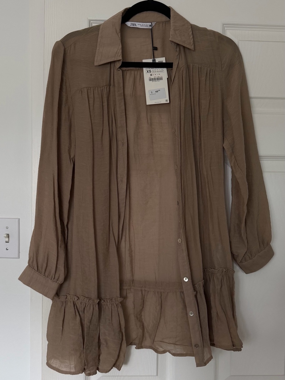 Zara Taupe Button-Front Ruffle Hem Tunic